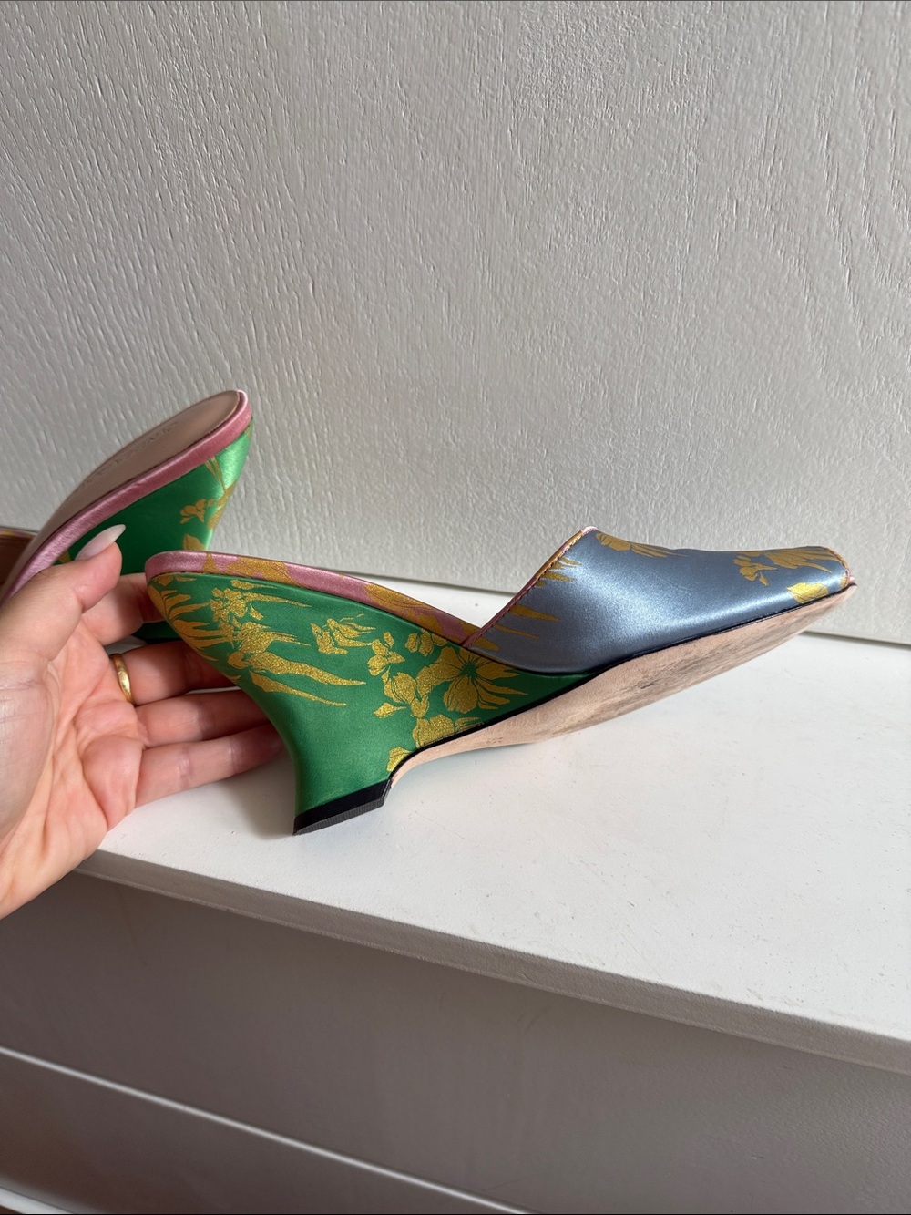 Cynthia Rowley Green and Silver Floral Satin Mules - Picture 4 of 8